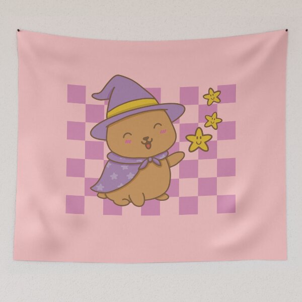 Item preview, Kawaii capybara in a witch Halloween costume with stars on a pink grid in pastel shades designed and sold by Martapp.