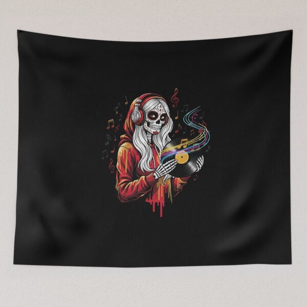 Item preview, Skeleton Music Girl | Gothic Pop Art Sugar Skull with Vinyl Record Design designed and sold by ColorSplash123.