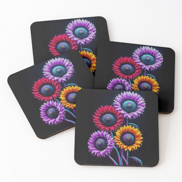 Item preview, three abstract stylish sunflowers in red and purple shades with black background. Pop art, graffiti, anime, illustration, conceptual art, vivid, cinematic designed and sold by gulka8.