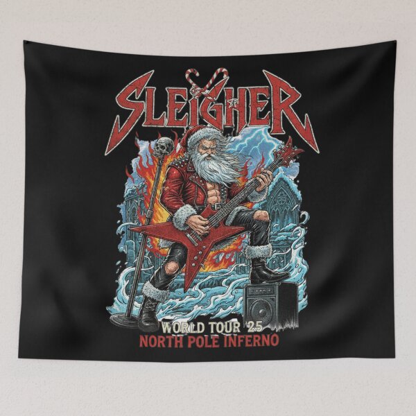 Item preview, Sleigher Christmas Metal Band T-Shirt Design - Rocking Santa Holiday Tee designed and sold by NostasStuff.