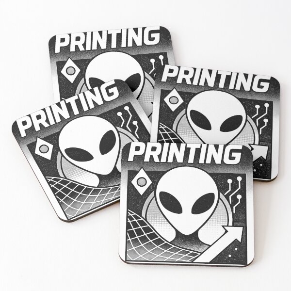 Item preview, "Printing" black and white retro alien designed and sold by Moonshroomarts.