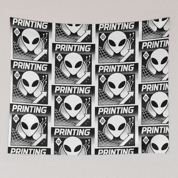 Item preview, "Printing" black and white retro alien designed and sold by Moonshroomarts.