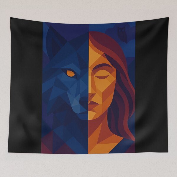 Item preview, Duality of Existence | Wolf Woman | Unique Owlic Colorful Geometric Cubism Mystical Harmony of Light Art Design  designed and sold by Owlic.artwear.