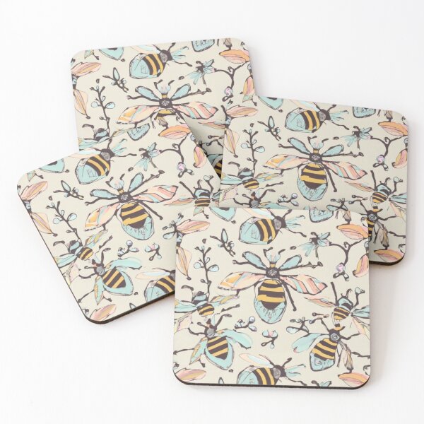 Item preview, romantic, artistic, retro and decadent pattern in very soft colors, intricate, line drawing, little bees, pale color palette, white background designed and sold by gulka8.