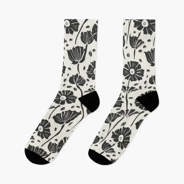 Item preview, romantic, artistic pattern, floral in black and white, intricate, linocut, lots of small poppy flowers, white background, minimalist picture, designed and sold by gulka8.