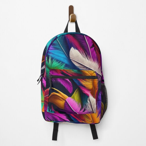 Item preview, plain black background, ultra realistic, highly detailed, cinematic, vivid, photo, 3D rendering, rainbow feathers designed and sold by gulka8.