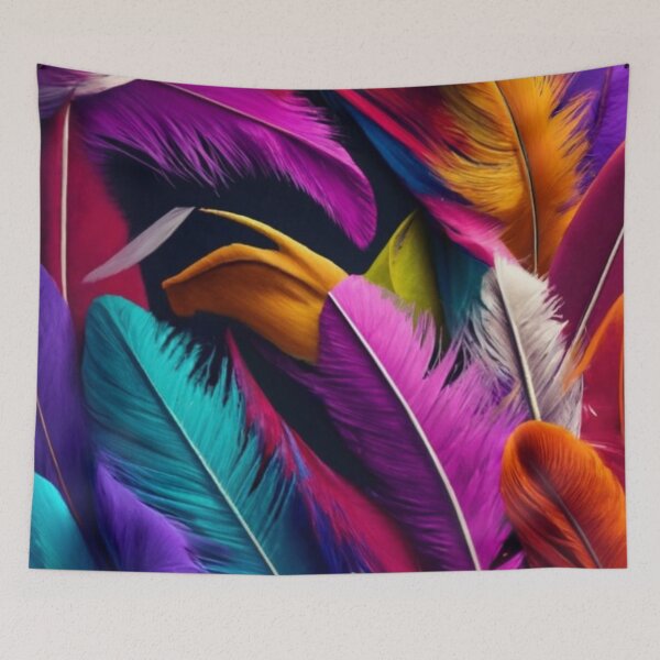 Item preview, plain black background, ultra realistic, highly detailed, cinematic, vivid, photo, 3D rendering, rainbow feathers designed and sold by gulka8.