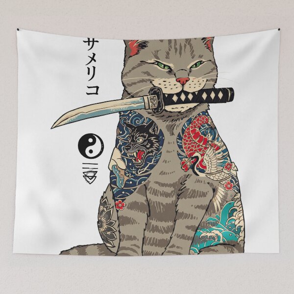 Item preview, Yakuza Cat Full Body Tattoo Katana Neo-Traditional Art designed and sold by zoughlal.