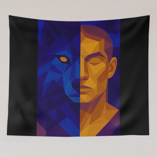 Item preview, Duality of Existence – Man Wolf | Unique Owlic Colorful Geometric Cubism Spirit of Power and Instinct | Mystical Harmony of Light Art Design designed and sold by Owlic.artwear.