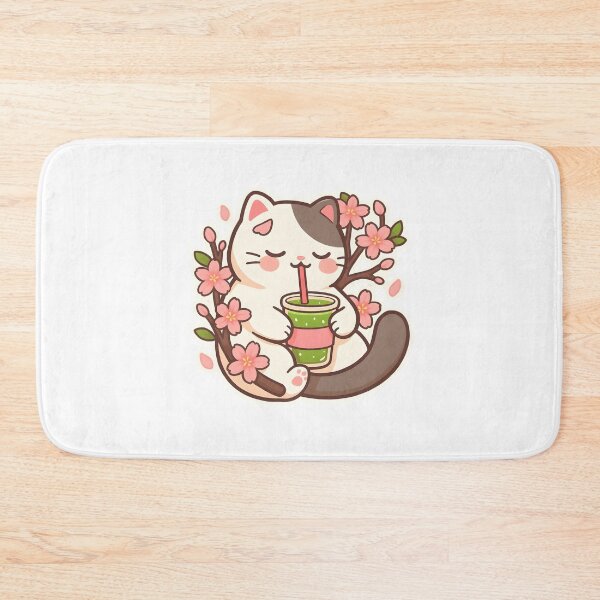 Item preview, Kawaii Cat Drinking Matcha Among Cherry Blossoms – Cute Spring Pastel Cat Art designed and sold by OsasChild.