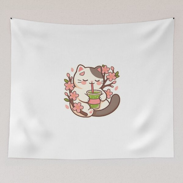 Item preview, Kawaii Cat Drinking Matcha Among Cherry Blossoms – Cute Spring Pastel Cat Art designed and sold by OsasChild.