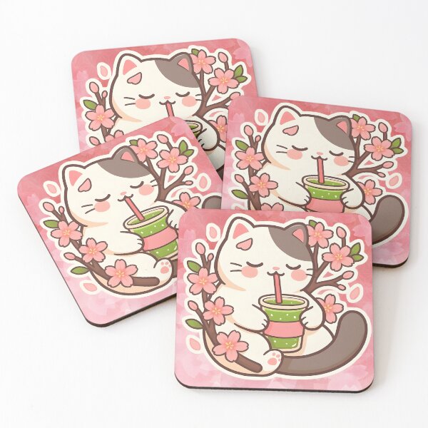 Item preview, Kawaii Cat Drinking Matcha Among Cherry Blossoms – Cute Spring Pastel Cat Art with Sakura Background designed and sold by OsasChild.