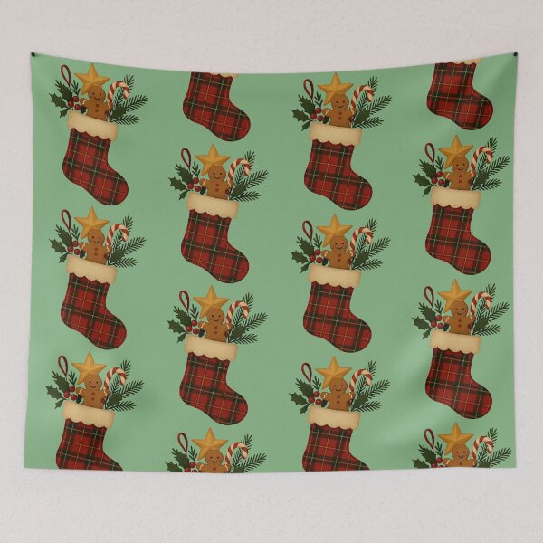 Item preview, Christmas Plaid Stocking With Gingerbread & Candy Cane | Cozy Holiday Art designed and sold by Painted Moon by Luna Bee™.