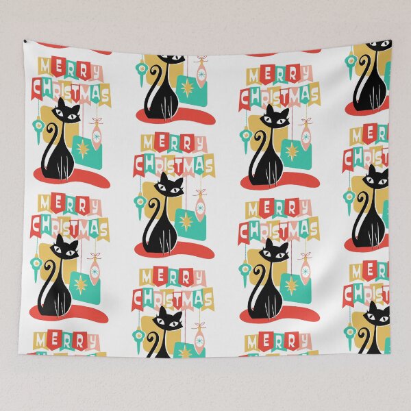Item preview, Vintage retro MCM Mid Century modern with black kitty cat and ornaments designed and sold by Jdawnink.