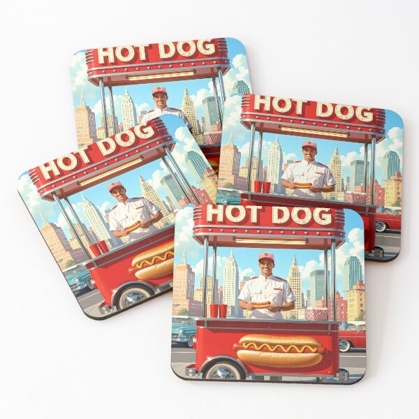 Item preview, New York Hot Dog Vendor – Retro Street Food Poster with City Skyline designed and sold by MooLaLa.Store.