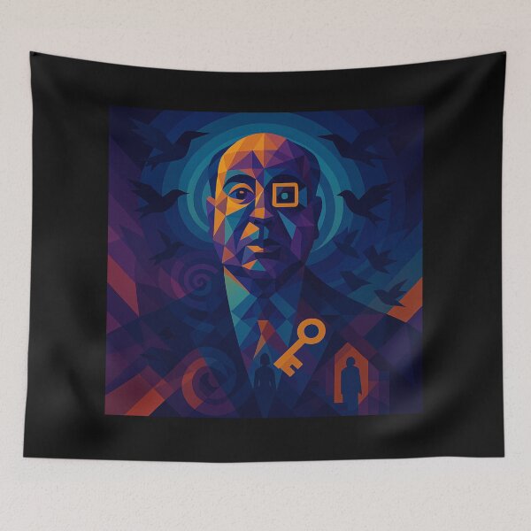 Item preview, The Geometry of Suspense | Unique Owlic Colorful Cubist Abstract Geometric Alfred Hitchcock Fan Art Art Design | Fantastic Hyonotic Portrait for Film and Mystery Decor Lovers designed and sold by Owlic.artwear.