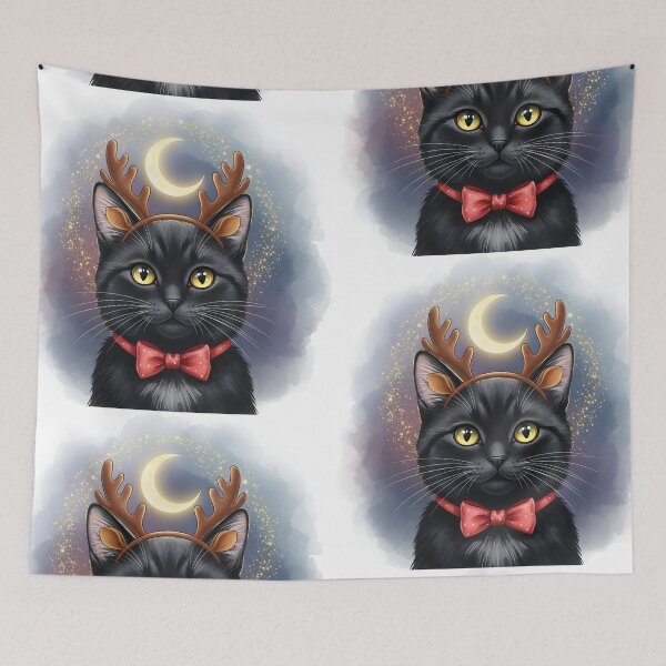 Item preview, Black Cat with Reindeer Antlers and Bow designed and sold by Cherry Dreams.