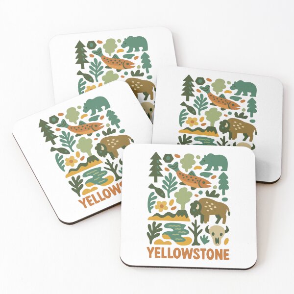 Item preview, Yellowstone National Park | Retro Folk Art Nature Print | Bison, Trout & Geyser Illustration designed and sold by Trail Magic Art.