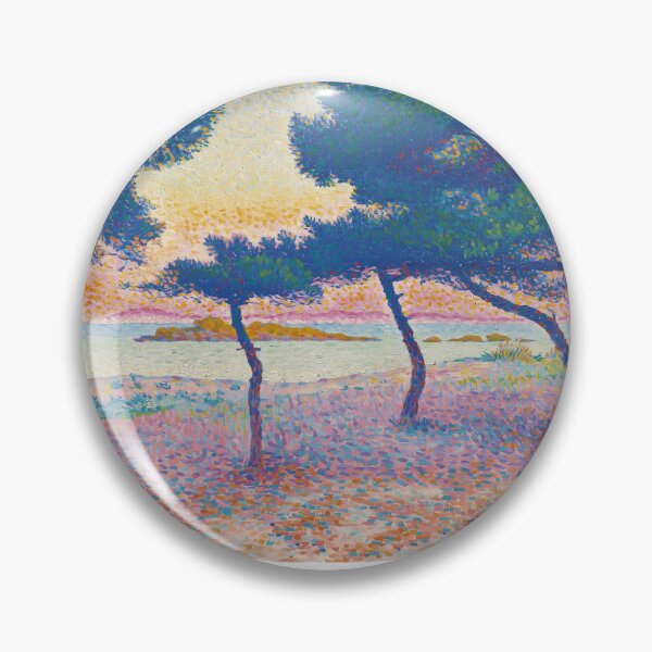 Item preview, Cross Beach Sunset Art | Pointillist Pine Trees Poster designed and sold by LaFabricaArt.