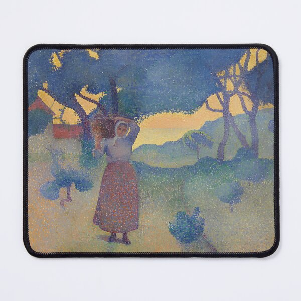 Item preview, Cross Woman with Basket | Blue Pointillism Dusk Landscape designed and sold by LaFabricaArt.
