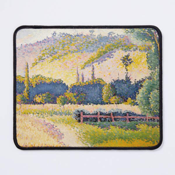 Item preview, Cross Cypress Hillside | Golden Pointillism Landscape Poster designed and sold by LaFabricaArt.