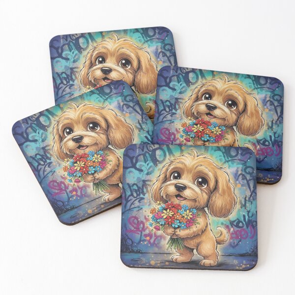 Item preview, Cute Cockapoo Holding Colorful Flowers – Adorable Cartoon Dog Art with Graffiti Background   designed and sold by Pixel Pout.