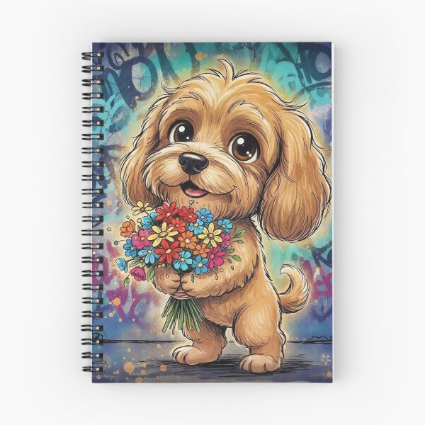 Item preview, Cute Cockapoo Holding Colorful Flowers – Adorable Cartoon Dog Art with Graffiti Background   designed and sold by Pixel Pout.