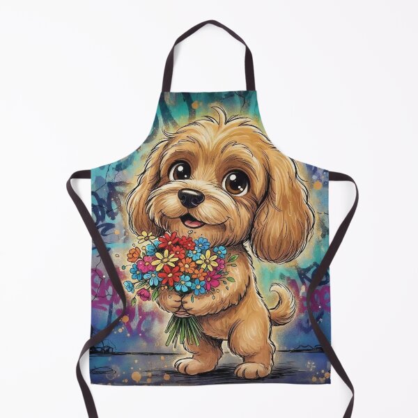 Item preview, Cute Cockapoo Holding Colorful Flowers – Adorable Cartoon Dog Art with Graffiti Background   designed and sold by Pixel Pout.