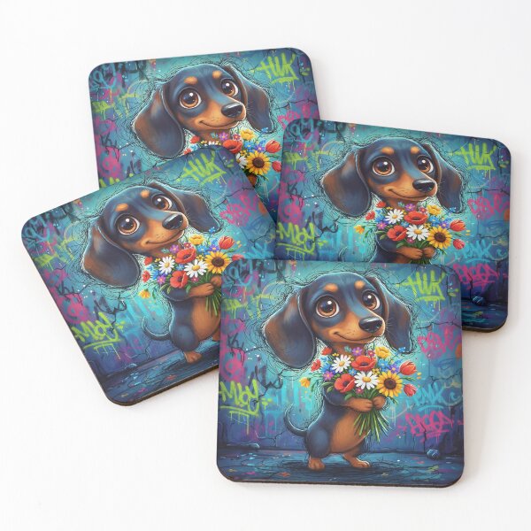 Item preview, Cute Dachshund Holding Colorful Flowers – Adorable Cartoon Wiener Dog Art with Graffiti Background designed and sold by Pixel Pout.