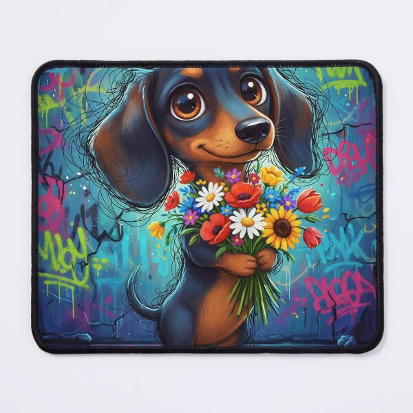 Item preview, Cute Dachshund Holding Colorful Flowers – Adorable Cartoon Wiener Dog Art with Graffiti Background designed and sold by Pixel Pout.