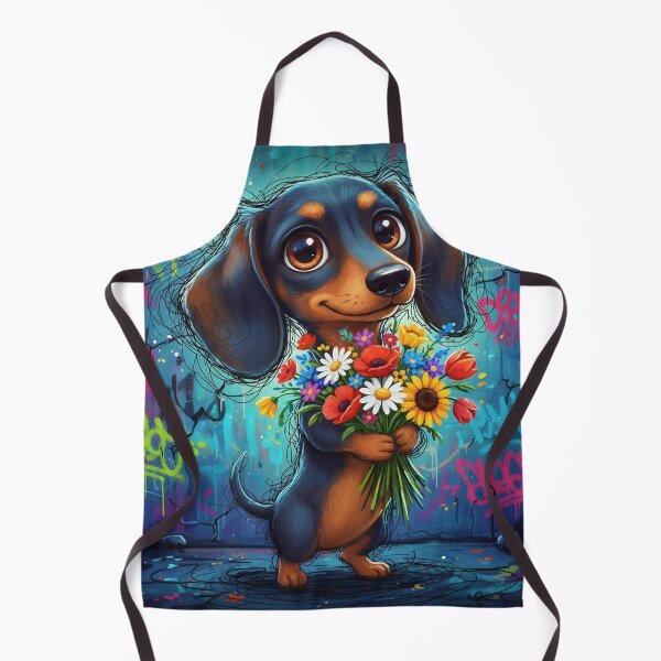 Item preview, Cute Dachshund Holding Colorful Flowers – Adorable Cartoon Wiener Dog Art with Graffiti Background designed and sold by Pixel Pout.