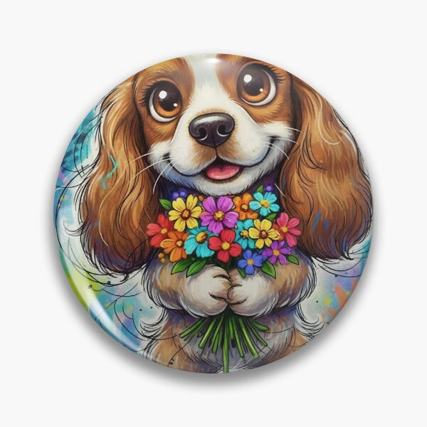 Item preview, Cute Cocker Spaniel Holding Colorful Flowers – Adorable Cartoon Dog Art with Graffiti Background   designed and sold by Pixel Pout.