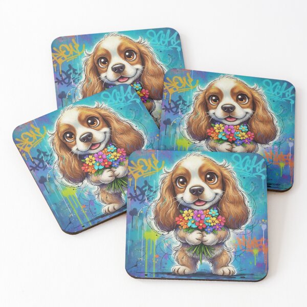 Item preview, Cute Cocker Spaniel Holding Colorful Flowers – Adorable Cartoon Dog Art with Graffiti Background   designed and sold by Pixel Pout.