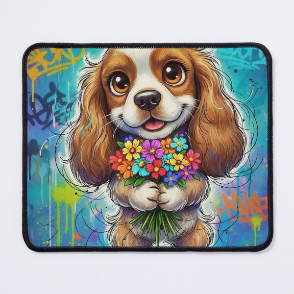 Item preview, Cute Cocker Spaniel Holding Colorful Flowers – Adorable Cartoon Dog Art with Graffiti Background   designed and sold by Pixel Pout.