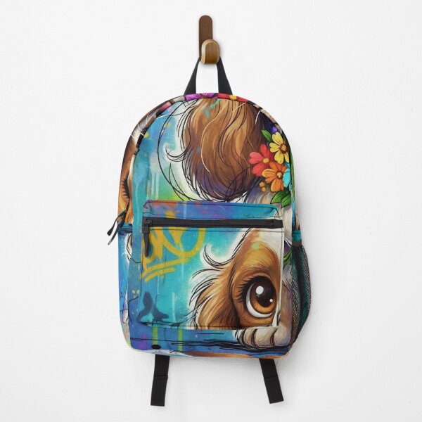 Item preview, Cute Cocker Spaniel Holding Colorful Flowers – Adorable Cartoon Dog Art with Graffiti Background   designed and sold by Pixel Pout.