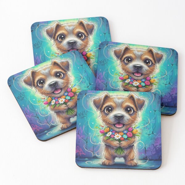 Item preview, Cute Border Terrier Holding Flowers – Adorable Cartoon Dog Art with Graffiti Background designed and sold by Pixel Pout.