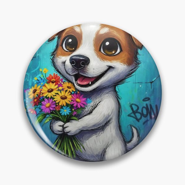 Item preview, Cute Jack Russell Holding Colorful Flowers – Adorable Cartoon Dog Art with Graffiti Background   designed and sold by Pixel Pout.
