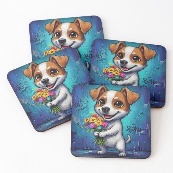 Item preview, Cute Jack Russell Holding Colorful Flowers – Adorable Cartoon Dog Art with Graffiti Background   designed and sold by Pixel Pout.