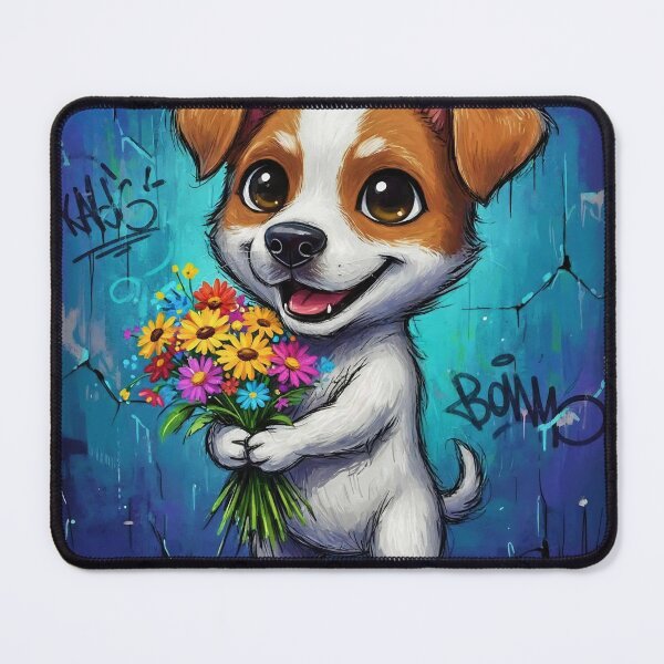Item preview, Cute Jack Russell Holding Colorful Flowers – Adorable Cartoon Dog Art with Graffiti Background   designed and sold by Pixel Pout.
