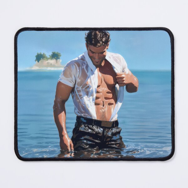 Item preview, Muscular man in wet clothes emerging from the ocean designed and sold by ChanningsPinups.
