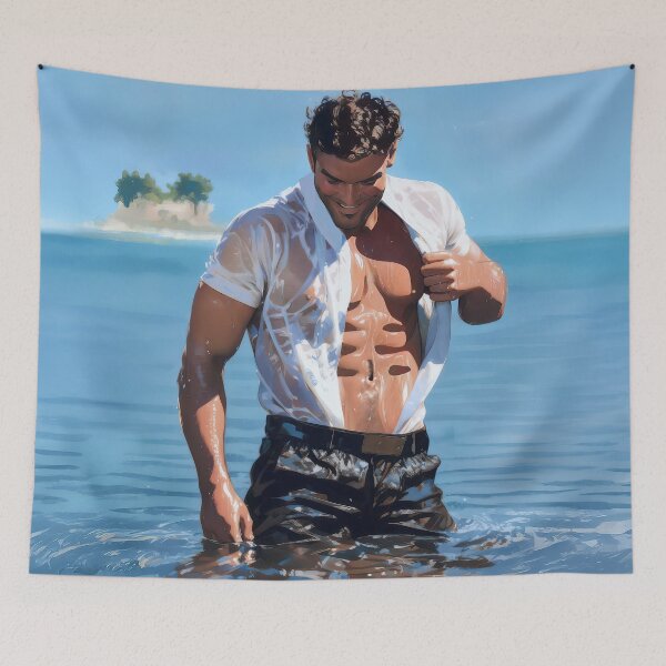 Item preview, Muscular man in wet clothes emerging from the ocean designed and sold by ChanningsPinups.