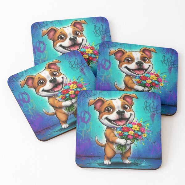 Item preview, Cute Staffordshire Pit Bull Terrier Holding Flowers – Adorable Cartoon Staffy Dog Art with Graffiti Background designed and sold by Pixel Pout.