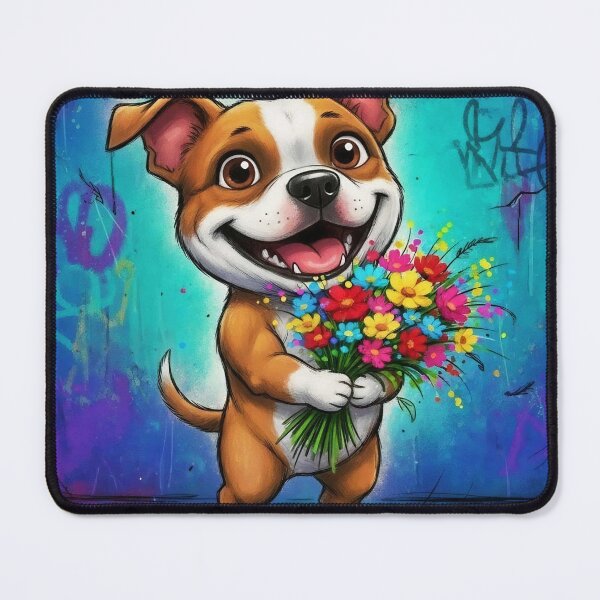 Item preview, Cute Staffordshire Pit Bull Terrier Holding Flowers – Adorable Cartoon Staffy Dog Art with Graffiti Background designed and sold by Pixel Pout.