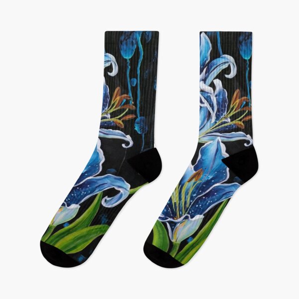 Item preview, Glowing blue lilies glow brightly in the dark. White liquid acrylic on black canvas. Mixed painting, illustration, blue flowers, pattern, abstract graphics designed and sold by gulka8.