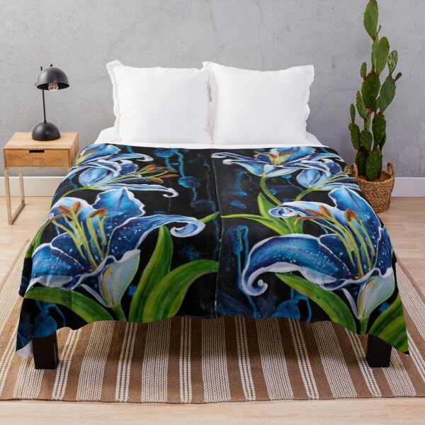 Item preview, Glowing blue lilies glow brightly in the dark. White liquid acrylic on black canvas. Mixed painting, illustration, blue flowers, pattern, abstract graphics designed and sold by gulka8.