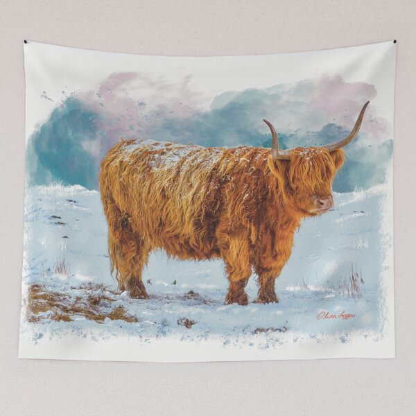 Item preview, “Humble The Highland Cow” snow scene designed and sold by Printfantasia .