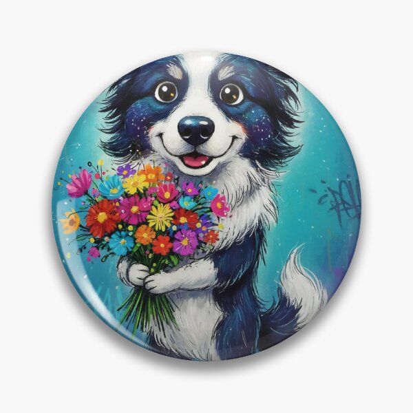 Item preview, Cute Border Collie Holding Colorful Flowers – Adorable Cartoon Dog Art with Graffiti Background designed and sold by Pixel Pout.