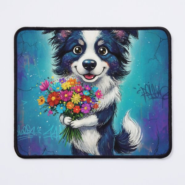 Item preview, Cute Border Collie Holding Colorful Flowers – Adorable Cartoon Dog Art with Graffiti Background designed and sold by Pixel Pout.