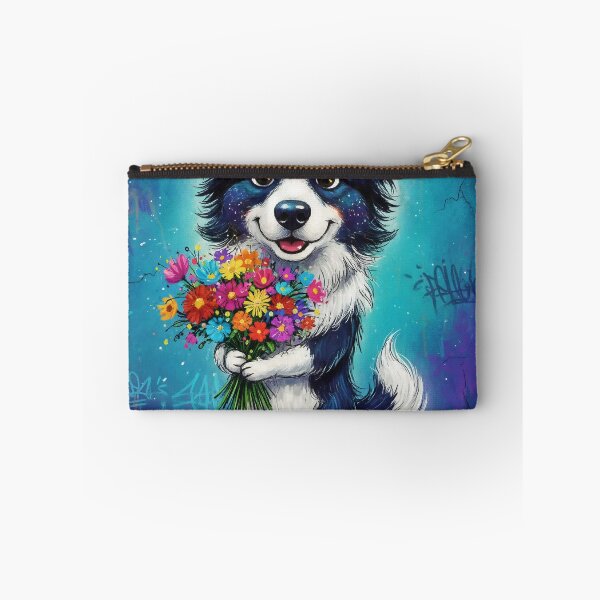 Item preview, Cute Border Collie Holding Colorful Flowers – Adorable Cartoon Dog Art with Graffiti Background designed and sold by Pixel Pout.