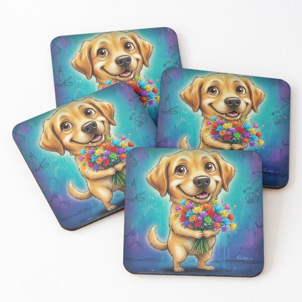 Item preview, Cute Labrador Holding Colorful Flowers – Adorable Cartoon Lab Dog Art with Graffiti Background designed and sold by Pixel Pout.